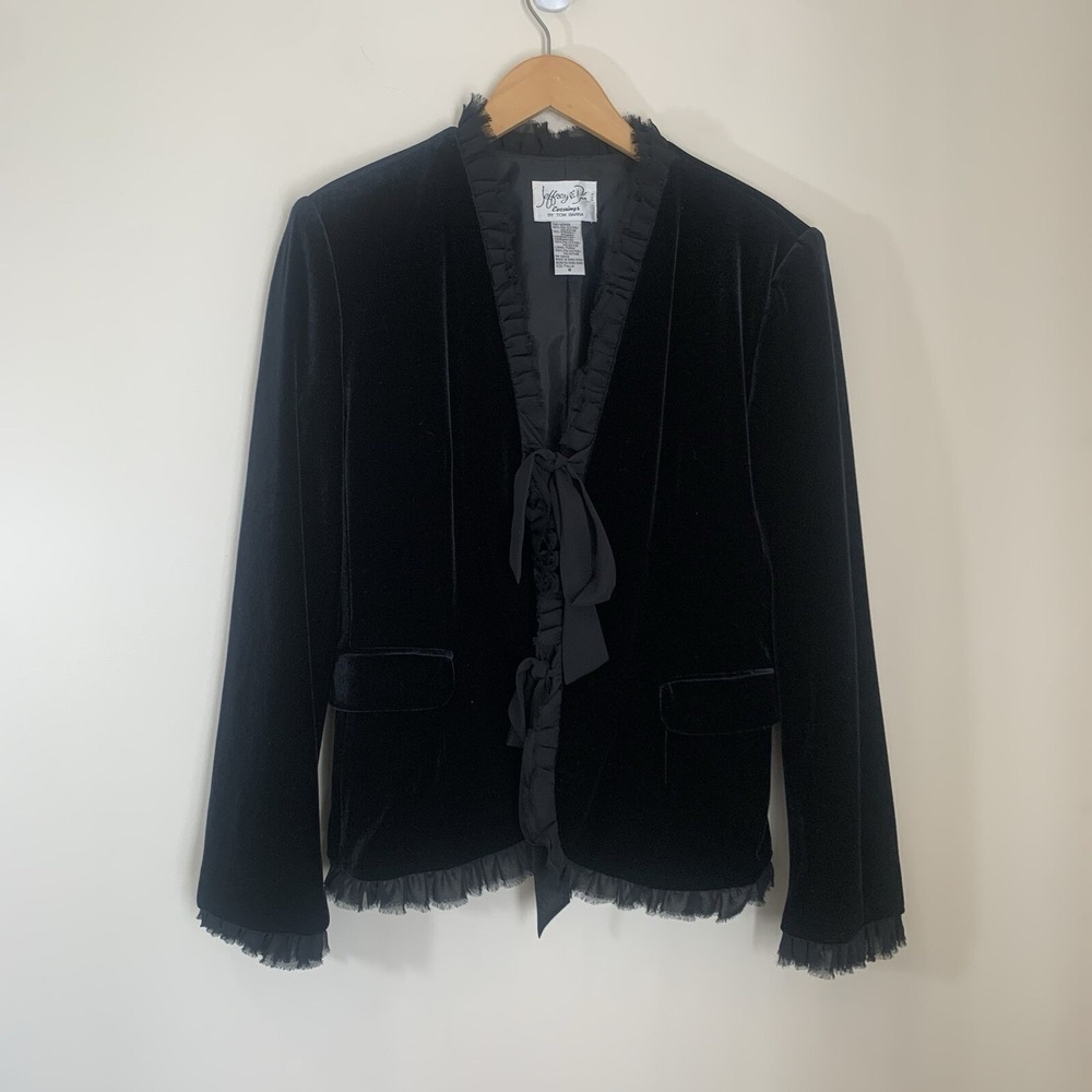 Jeffrey & Dara Womens Velvet Jacket 8 Black Chffon Ruffles Front Tie Whimsigoth